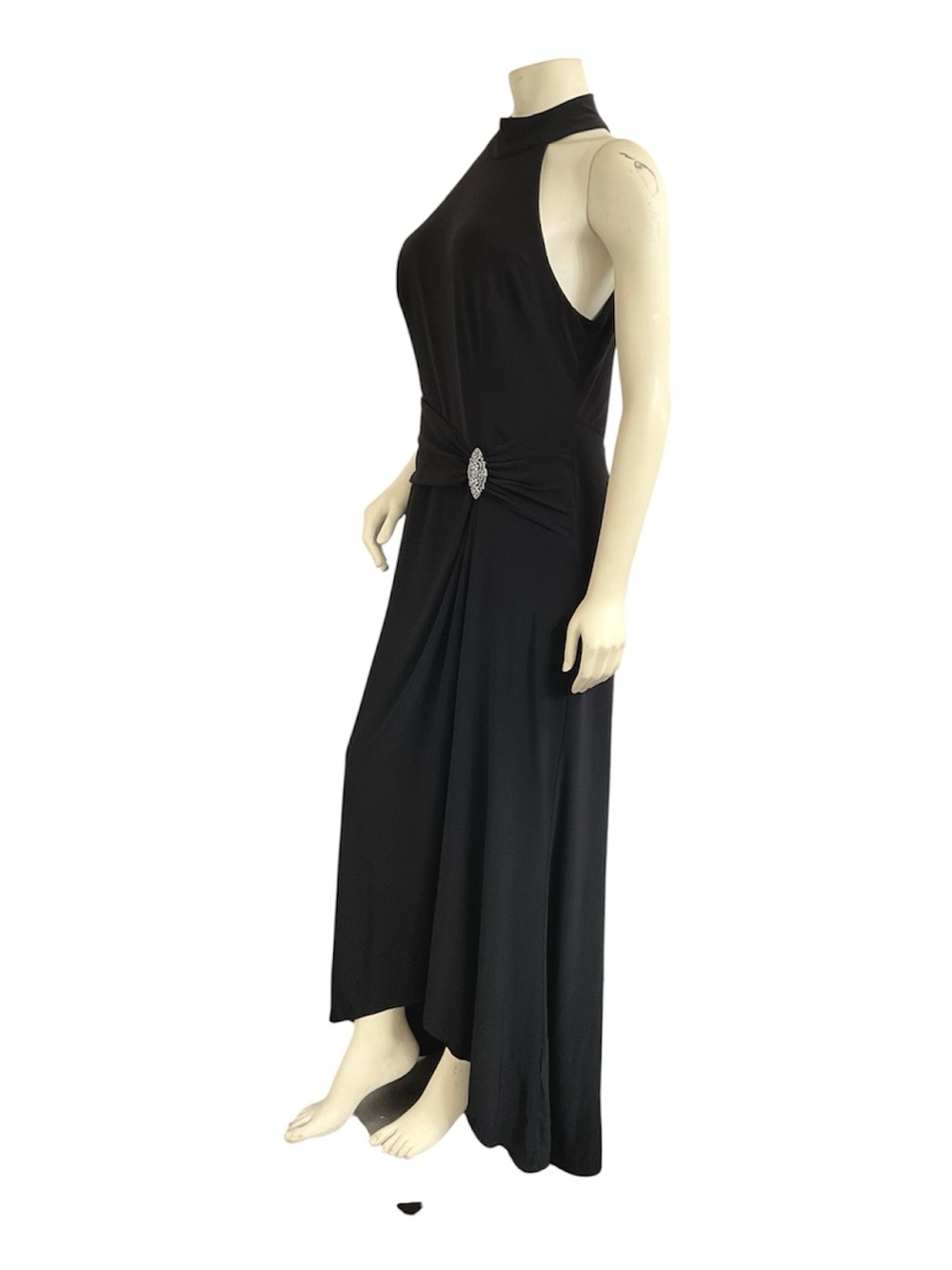 MARINA Black Halter Maxi Dress with Decorative Waist Accent